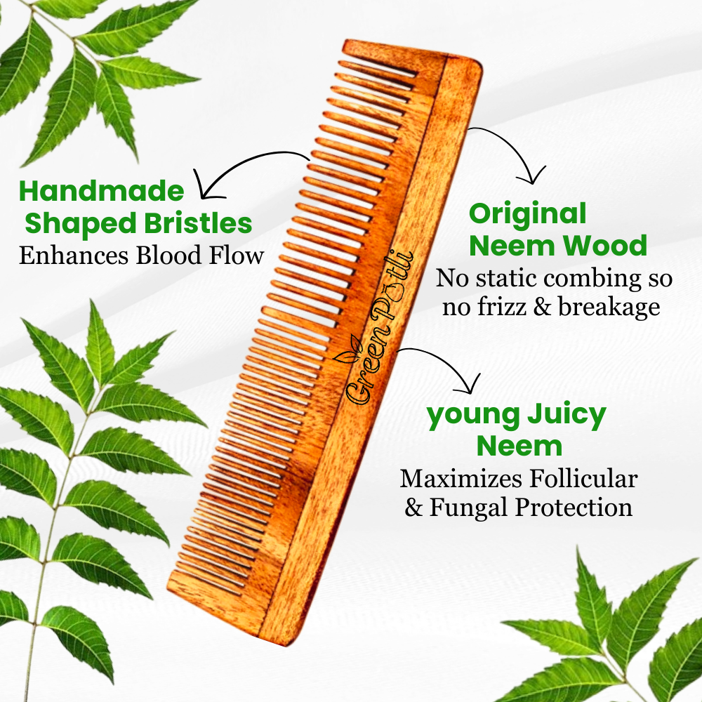Neem Wooden Comb (Dual Tooth) | Hair Growth, Dandruff Control, Reduces Hairfall