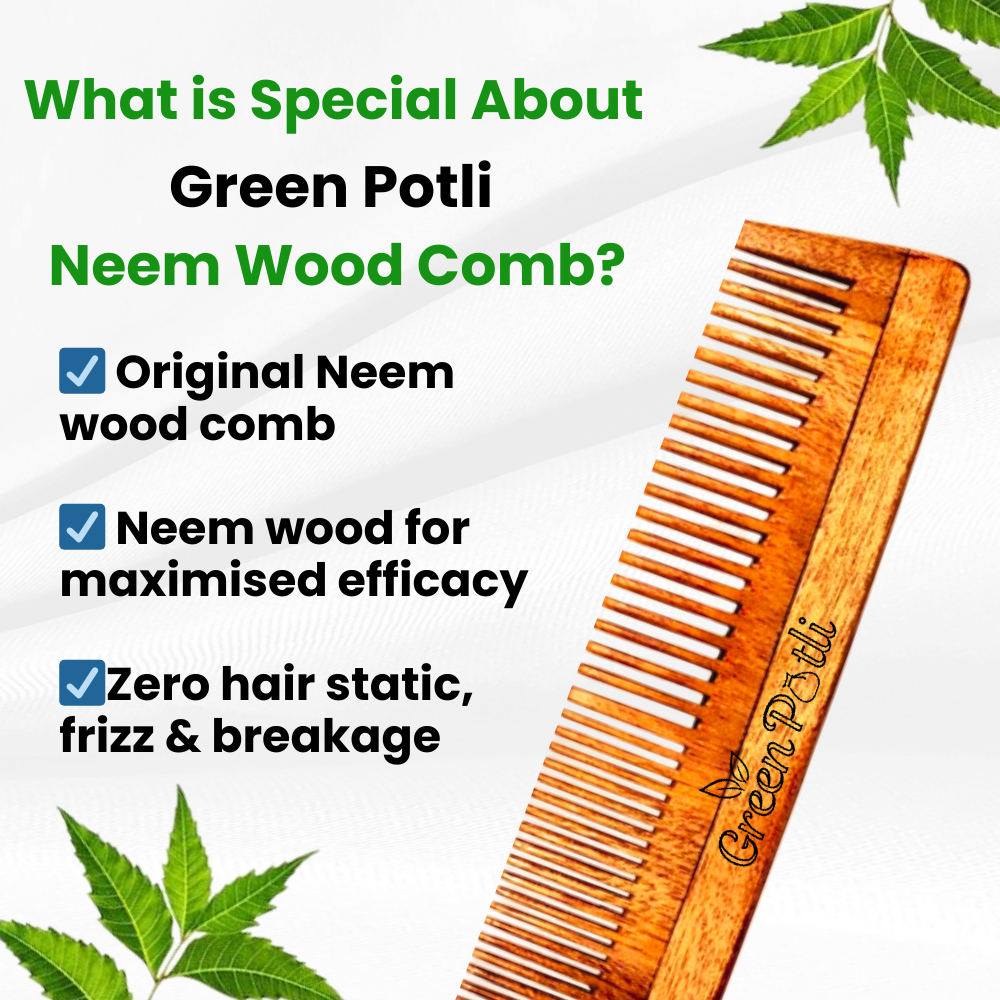 Neem Wooden Comb (Dual Tooth) | Hair Growth, Dandruff Control, Reduces Hairfall