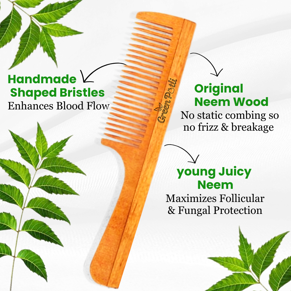 Neem Wood Comb (Wide Tooth) Hair Growth, Dandruff Control, Reduces Hairfall