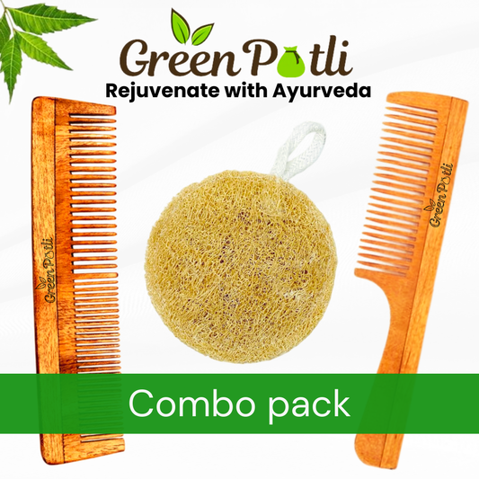 Neem Wood Dual Comb + Wide Tooth Comb + Natural Loofah