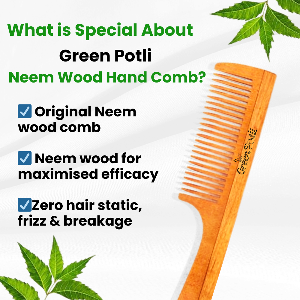 Neem Wood Comb (Wide Tooth) Hair Growth, Dandruff Control, Reduces Hairfall