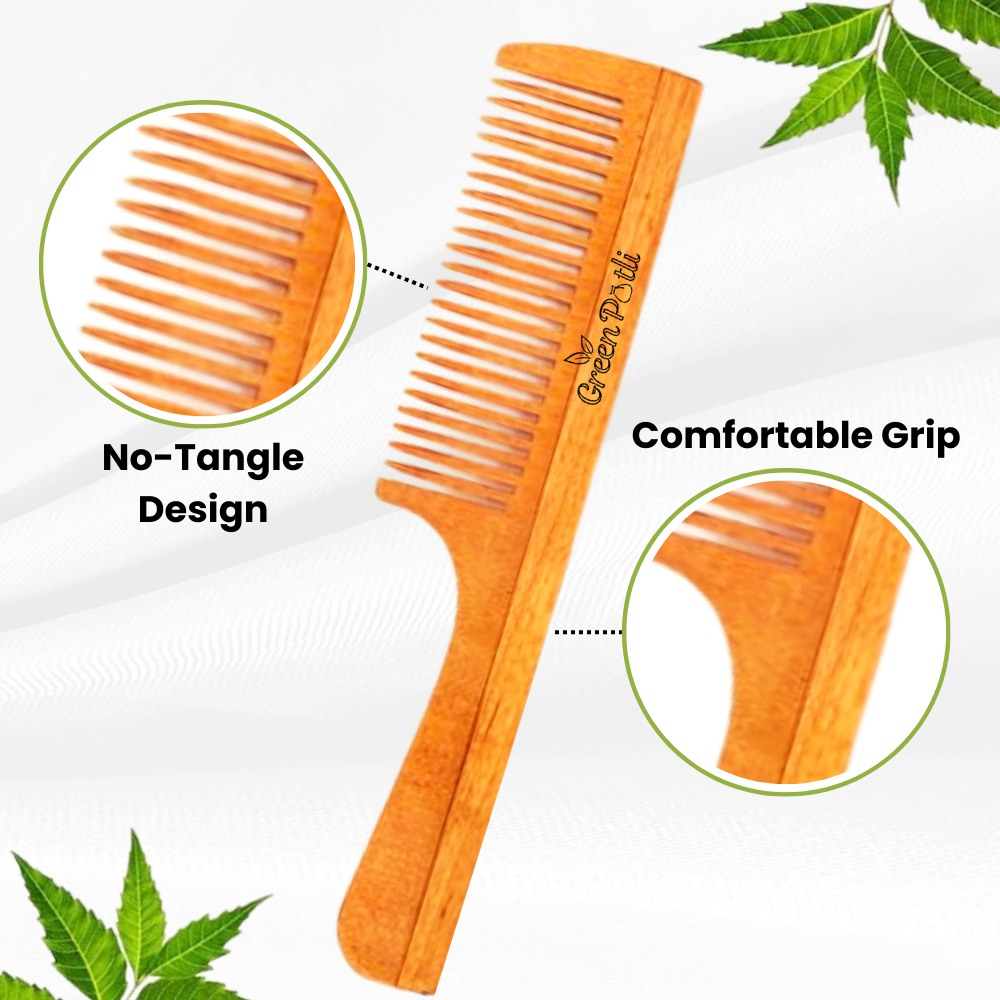 Neem Wood Comb (Wide Tooth) Hair Growth, Dandruff Control, Reduces Hairfall